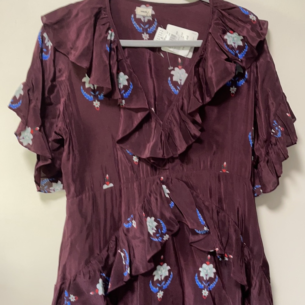 WARM FLORAL PRINT BURGUNDY LONG DRESS SHORT SLEEVE V NECK